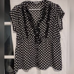 NY Collection Large Women's Blouse Black White Polka Dot Ruffles Y2K Preppy